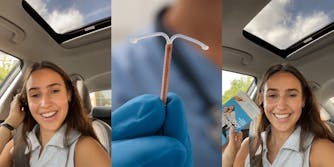 woman speaking in car hand pulling hair behind ear (l) doctor holding copper IUD with blue glove (c) woman in car speaking holding pamphlet (r)