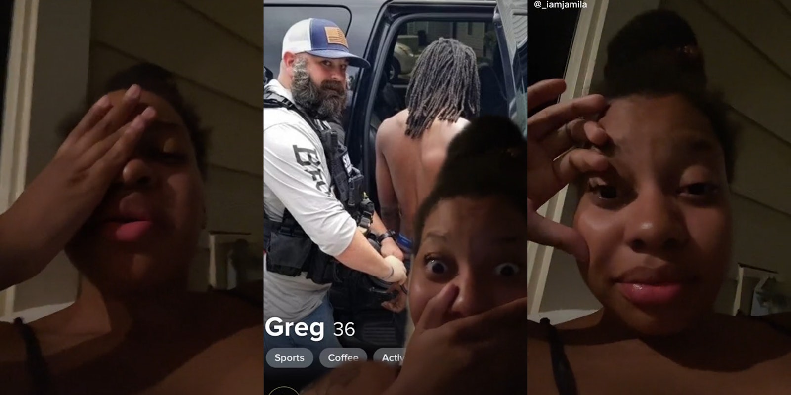 young woman on porch (l&r) woman over background of man arresting another man with caption 'Greg 36' (c)