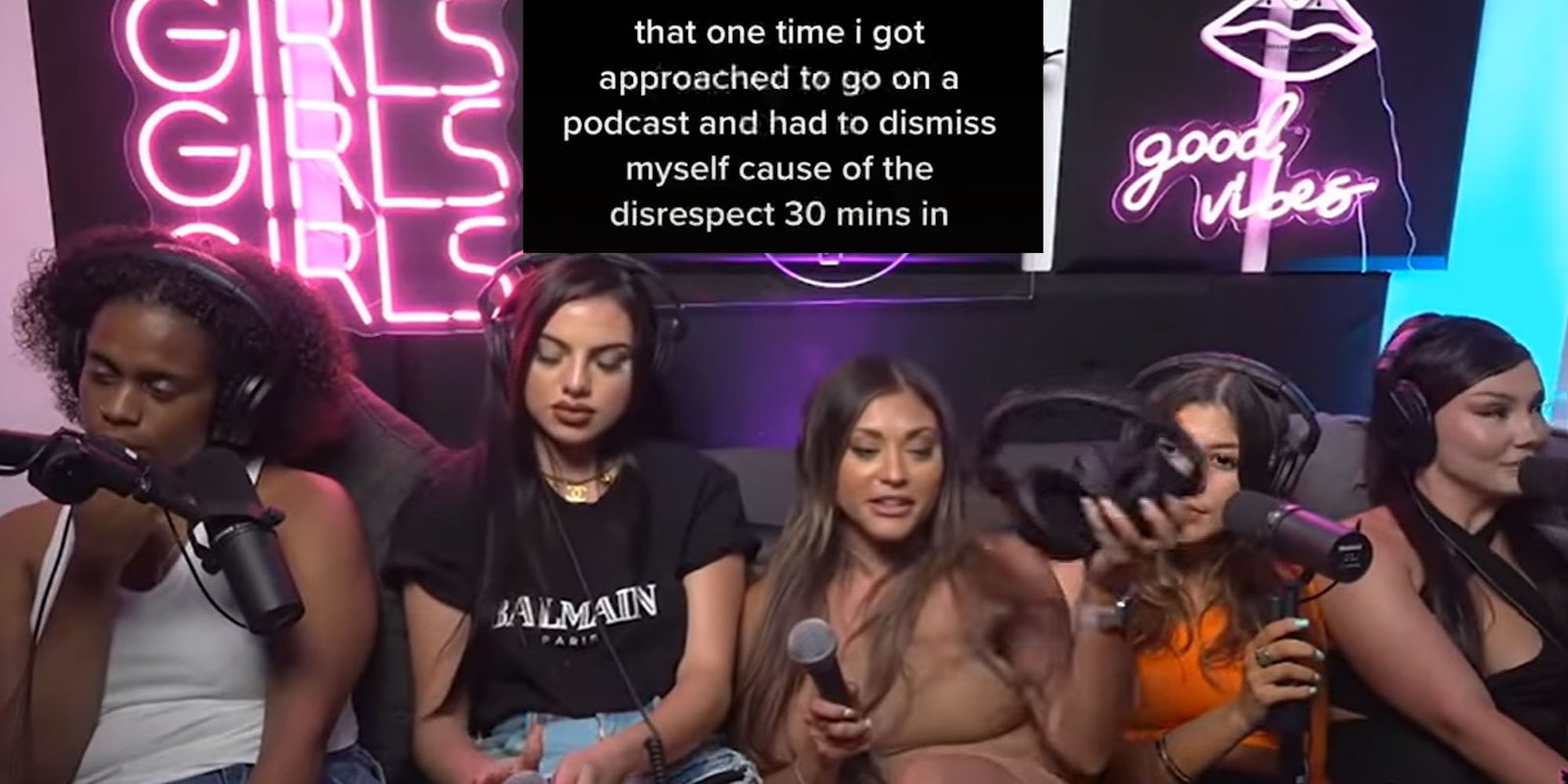 Women seated in podcast one woman taking off headphones leaving caption 'that one time i got approached to go on a podcast and had to dismiss myself cause of the disrespect 30 mins in' centered top