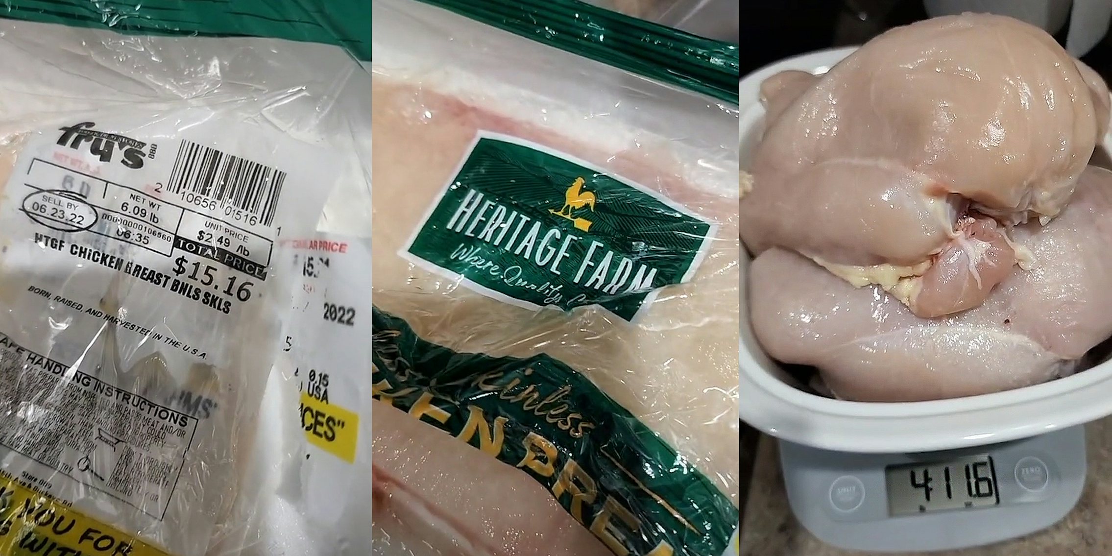 Heritage Farm chicken packaging '6.09 lb' (l) Heritage Farm packaging outside with logo (c) Heritage Farm chicken in bowl scale 2 lbs short of weight labeled on packaging (r)