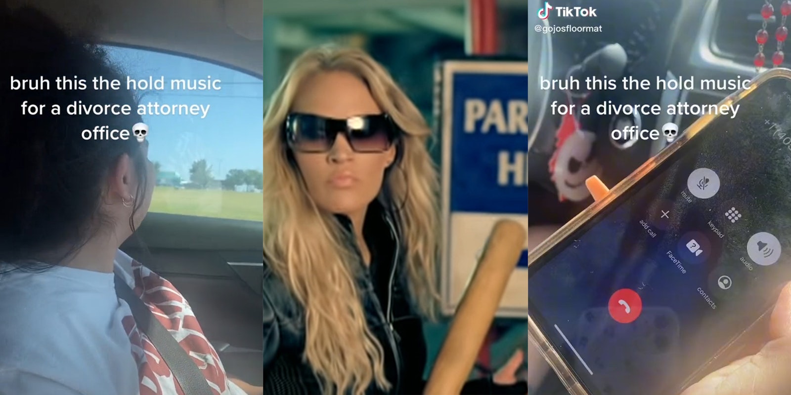 woman in car (l) Woman with baseball bat (c) hand holding phone with caption 'bruh this the hold music for a divorce attorney office'