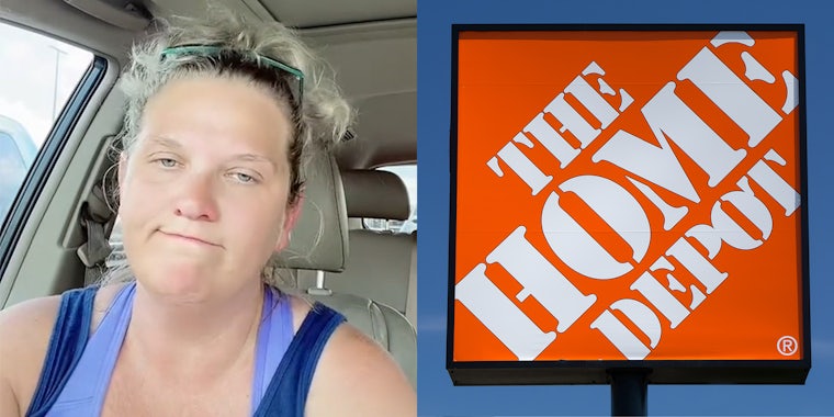 woman in vehicle (l) home depot sign (r)