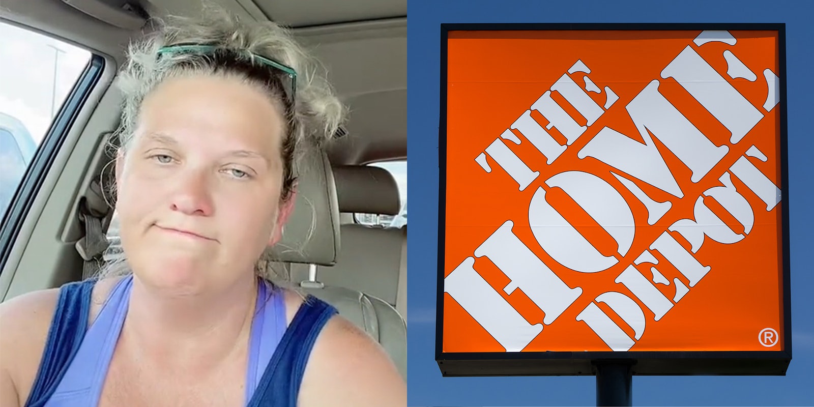 woman in vehicle (l) home depot sign (r)