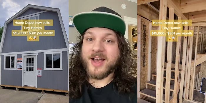 Home Depot 2 story shed outside caption "Home Depot now sells Tiny Homes $15,000/$301 per month" (l) man speaking (c) Home Depot 2 story shed interior caption "Home Depot now sells Tiny Homes $15,000/$301 per month" (r)