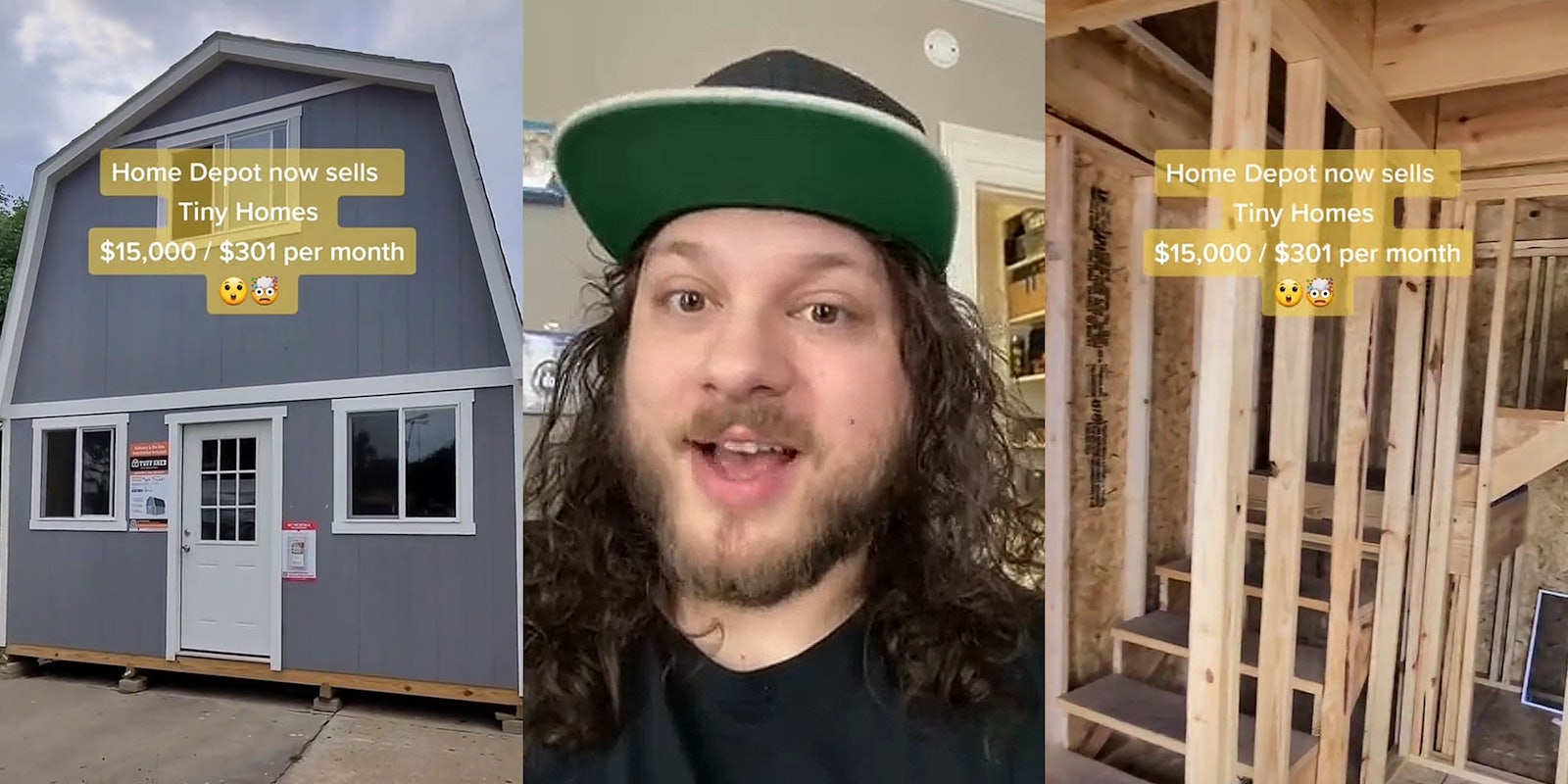 Home Depot 2 story shed outside caption 'Home Depot now sells Tiny Homes $15,000/$301 per month' (l) man speaking (c) Home Depot 2 story shed interior caption 'Home Depot now sells Tiny Homes $15,000/$301 per month' (r)