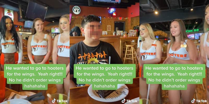 hooters waitstaff singing birthday song to 12 year old boy with caption "he wanted to go to hooters for the wings. yeah right!!! no he didn't order wings hahahaha"