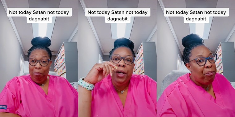 woman in pink scrubs and caption 'not today satan not today dagnabit'