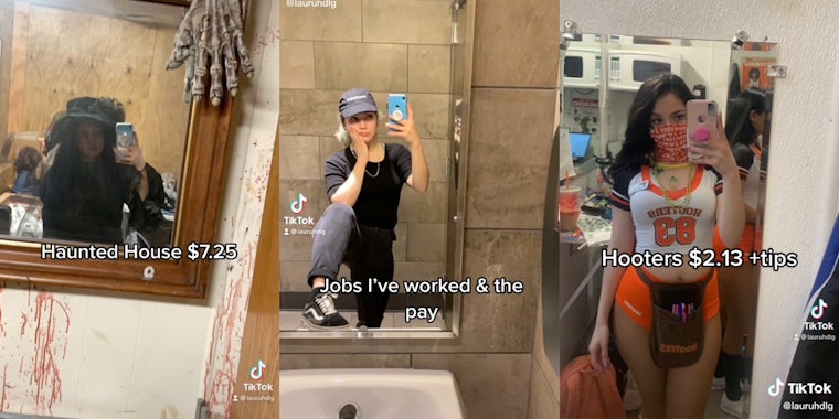 young woman taking selfie in mirror with captions 'haunted house $7.25' (l) 'jobs I've worked & the pay' (c) 'Hooters $2.13 +tips' (r)