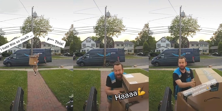 Amazon driver carrying boxes captions 'I hate this so much... 'F*** This!' (l) Amazon putting boxes on steps yelling the caption 'Haaaa' (c) Amazon driver placing boxes on steps looking and speaking to doorbell camera caption 'Please don't make this go viral online' (r)