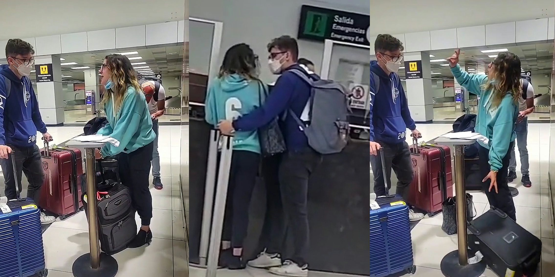 couple at airport holding luggage girlfriend yelling at boyfriend (l) couple at airport in line (c) couple at airport holding luggage girlfriend hand up yelling at boyfriend (r)