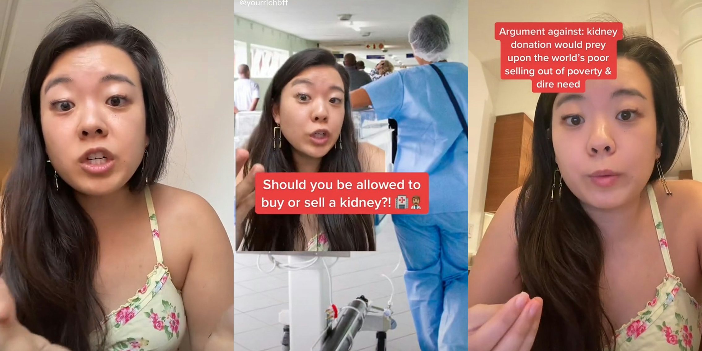 young woman with captions 'should you be allowed to buy or sell a kidney?!' and 'argument against: kidney donation would prey upon the world's poor selling out of poverty & dire need'