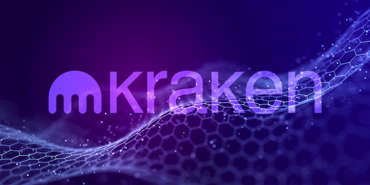 kraken logo over hexagonal wave pattern