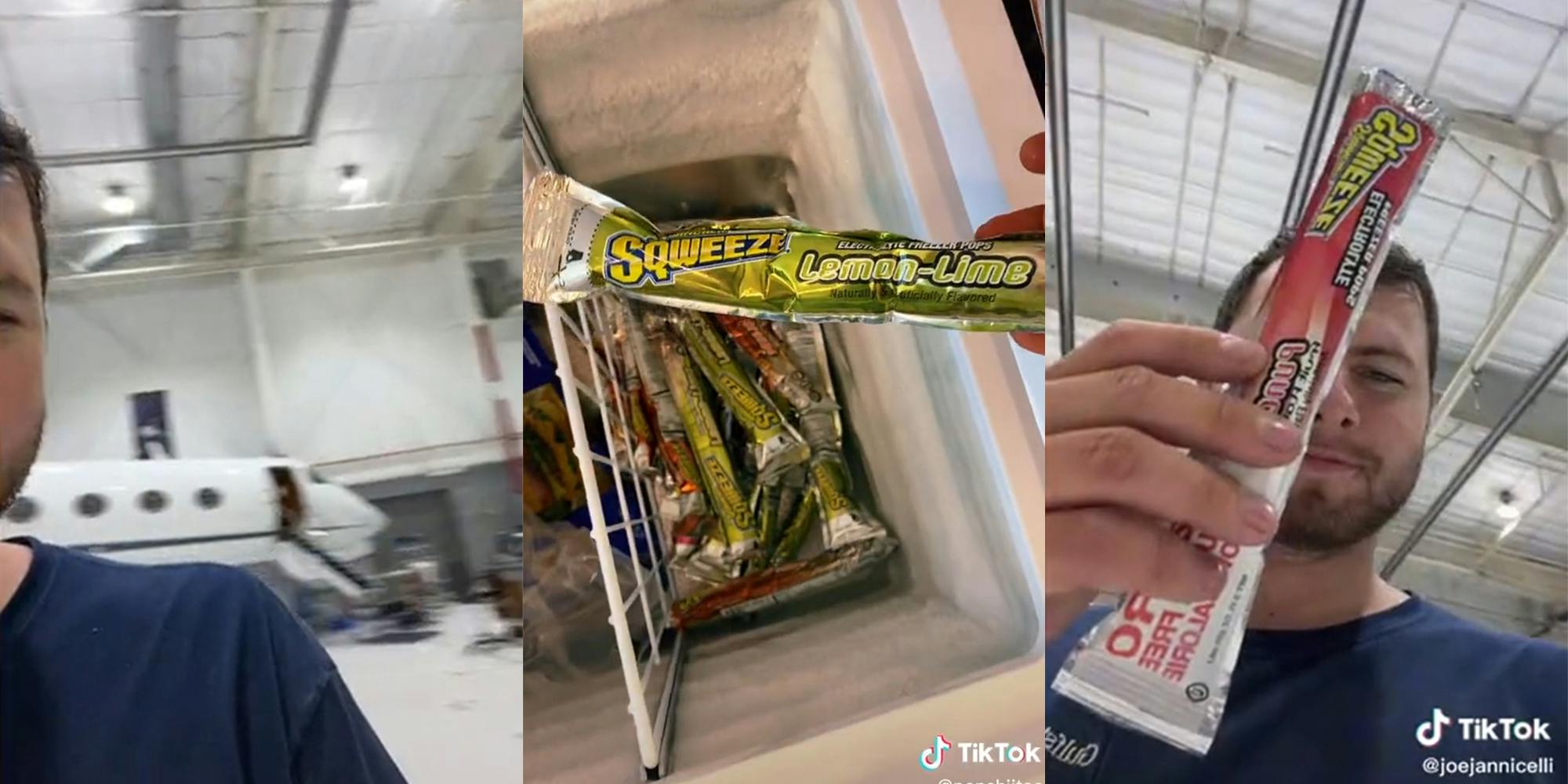 man in airplane hangar (l) hand holding lemon-lime sqweeze popsicle (c) man in airplane hanger holding popsicle (r)