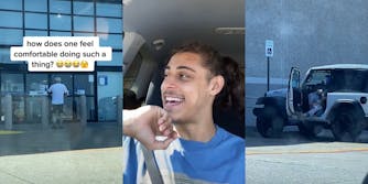 man standing at door waiting for store to open with caption "how does one feel comfortable doing such a thing?" (l) man laughing in car (c) woman sticking her leg out of a jeep door (r)