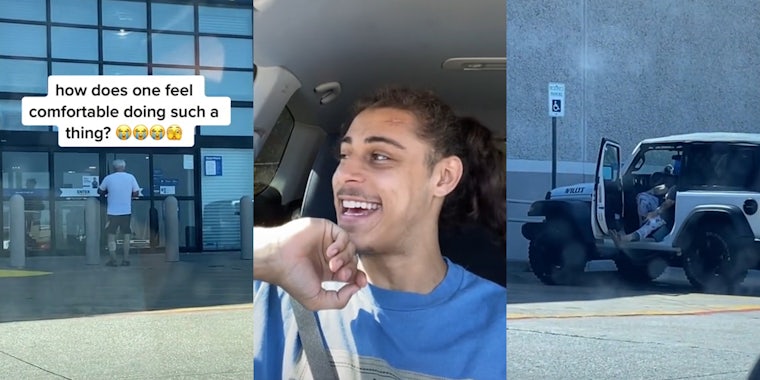 man standing at door waiting for store to open with caption 'how does one feel comfortable doing such a thing?' (l) man laughing in car (c) woman sticking her leg out of a jeep door (r)