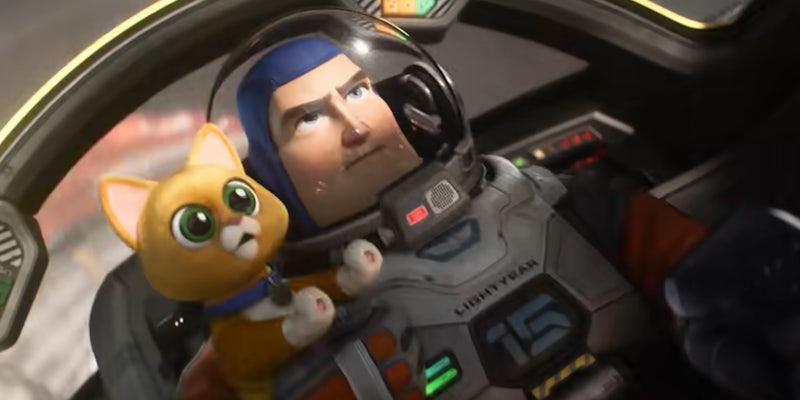 Buzz Lightyear in cockpit with cat