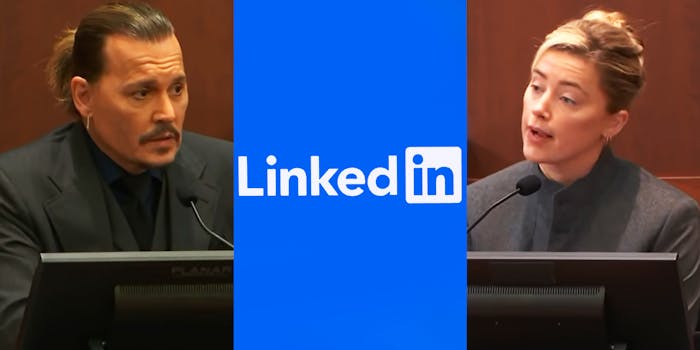 Johnny Depp in court (l) LinkedIn logo white on blue background (c) Amber Heard in court (r)