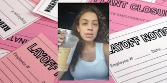 woman holding coffee over background collage of pink slips, layoff notices, etc.