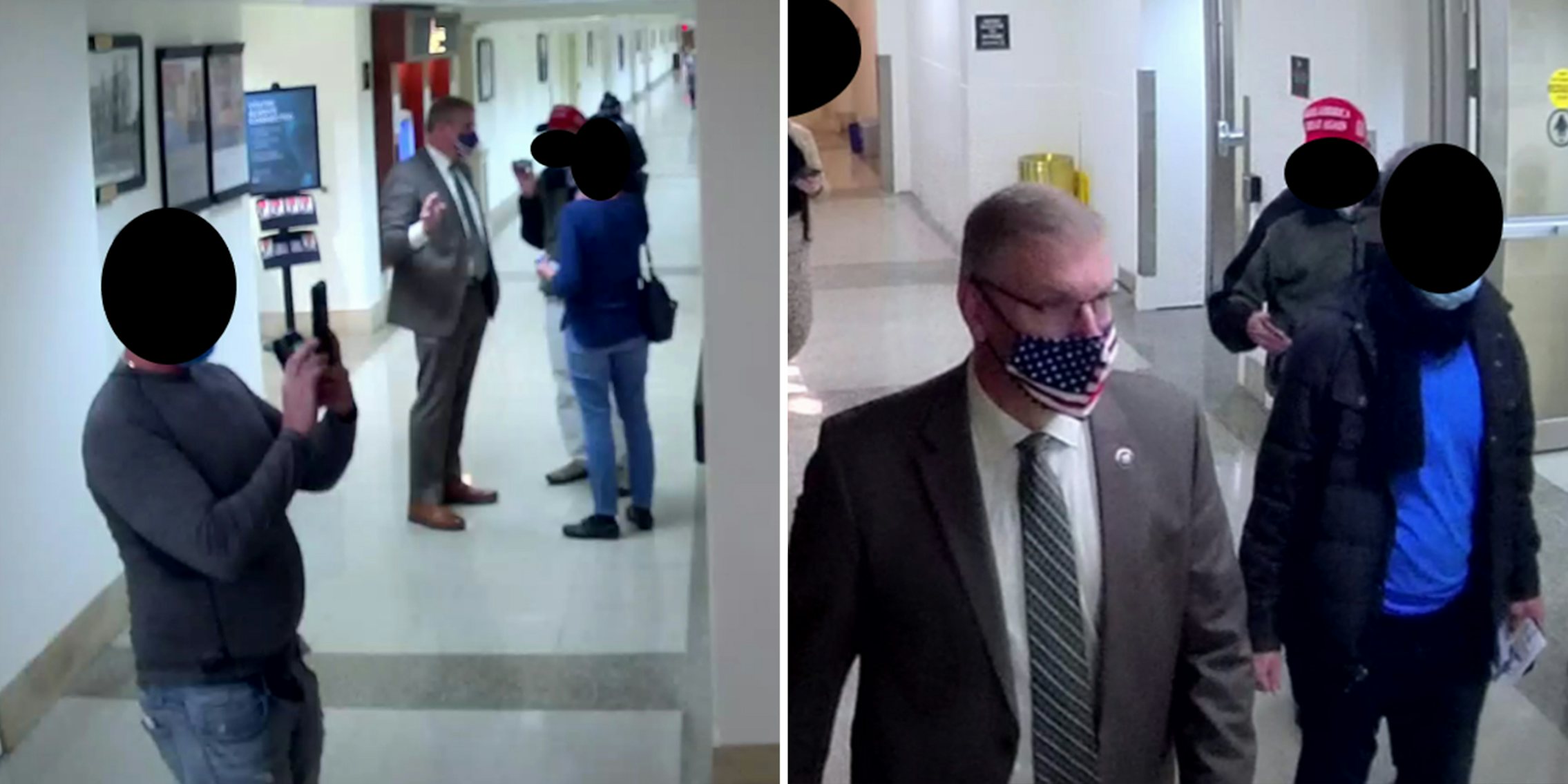 man with black circle over face taking photograph with phone while people speak nearby (l) Rep. Barry Loudermilk with American flag mask near people with black circles over faces and MAGA hat (r)