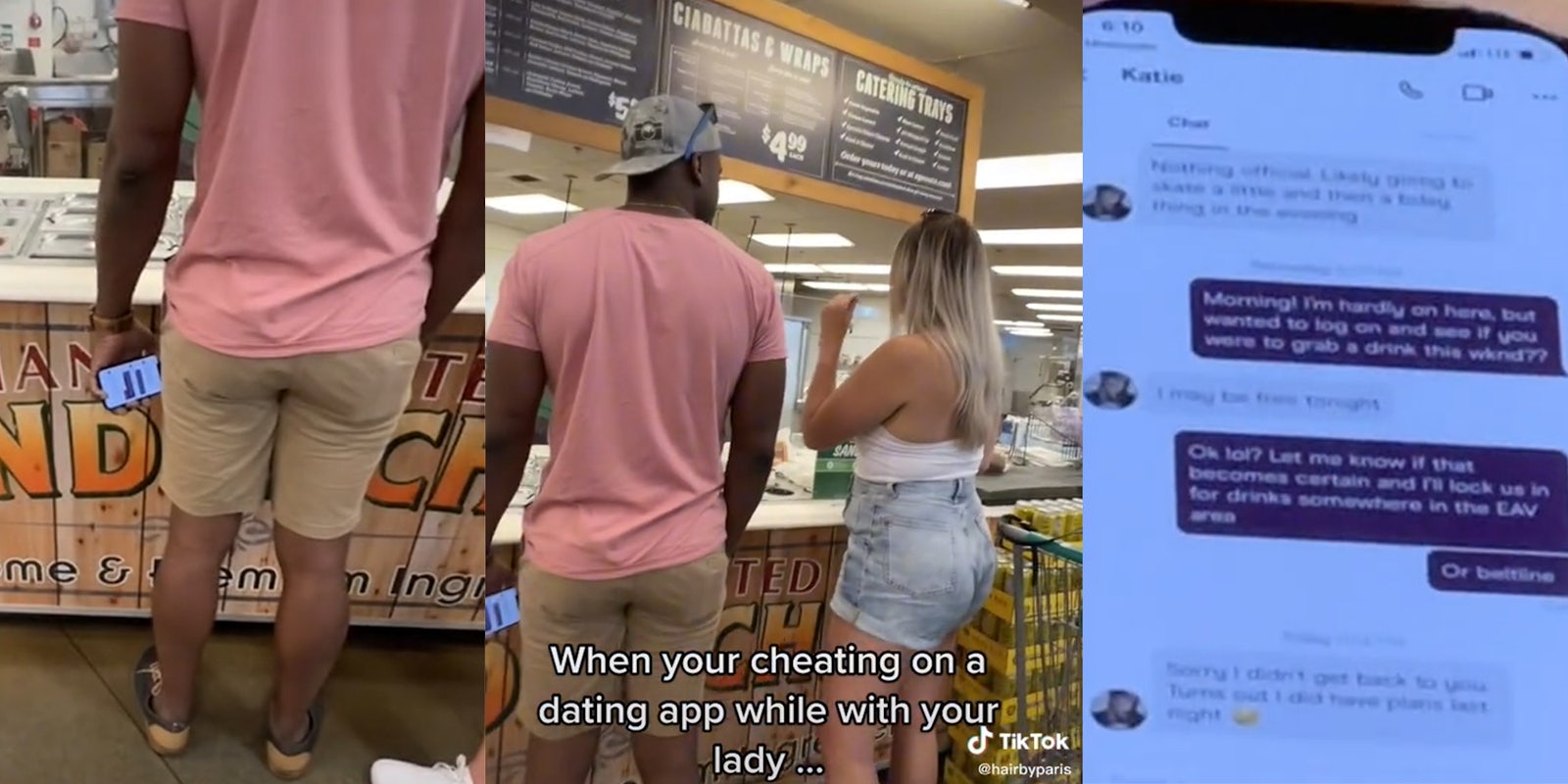 man at counter holding phone (l) man at counter with woman, caption 'when your cheating on a dating app while with your lady...' (c) close up of a message exchange on phone (r)