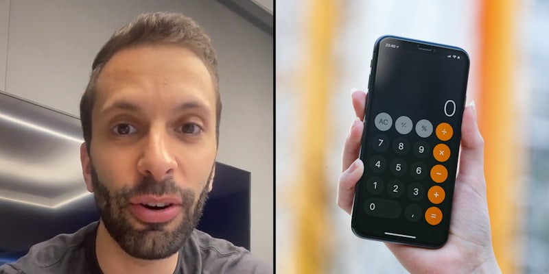 Man speaking (l) Hand holding phone with calculator app open (r)
