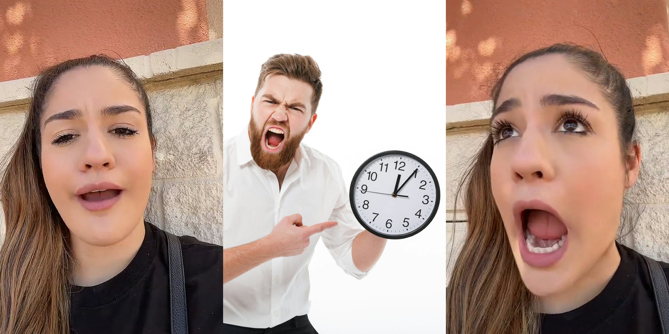 woman sitting against wall speaking annoyed face (l) man screaming and pointing to clock on white background (c) woman open mouth shocked expression sitting against wall (r)