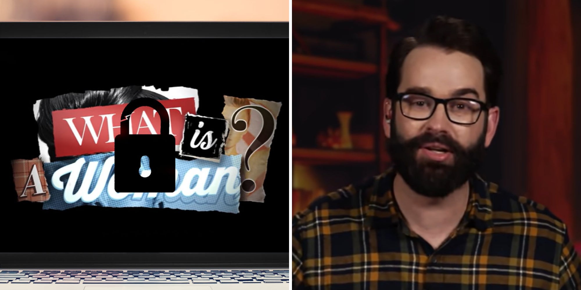 What is a Woman logo on black laptop with black broken lock over logo (l) Matt Walsh talking (r)