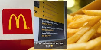 McDonald's hiring poster with caption "If you're desperate, just say that" inset over McDonald's food background