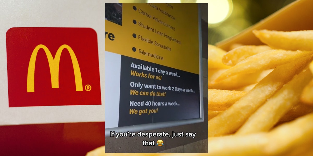 McDonald's hiring poster with caption 'If you're desperate, just say that' inset over McDonald's food background