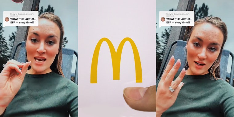 woman speaking holding hand up caption 'WHAT THE ACTUAL EFF- story time??' (l) McDonald's logo on phone screen finger on bottom right (c) woman holding up 3 fingers caption 'WHATTHE ACTUAL EFF- story time??' (r)