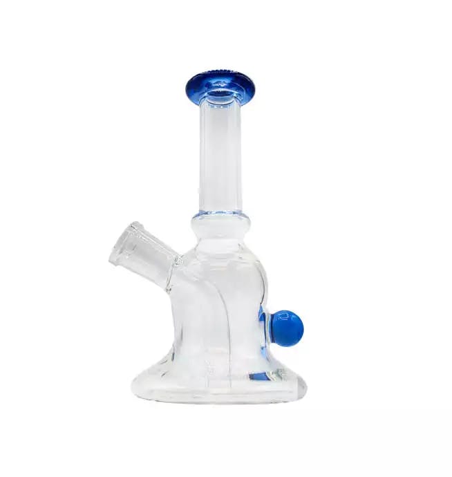 Clear glass bong with blue accents.