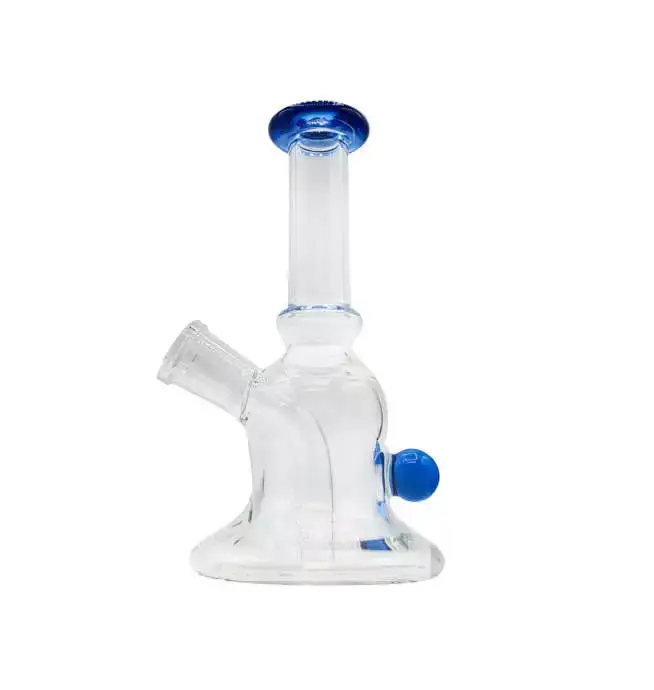 Clear glass bong with blue accents.