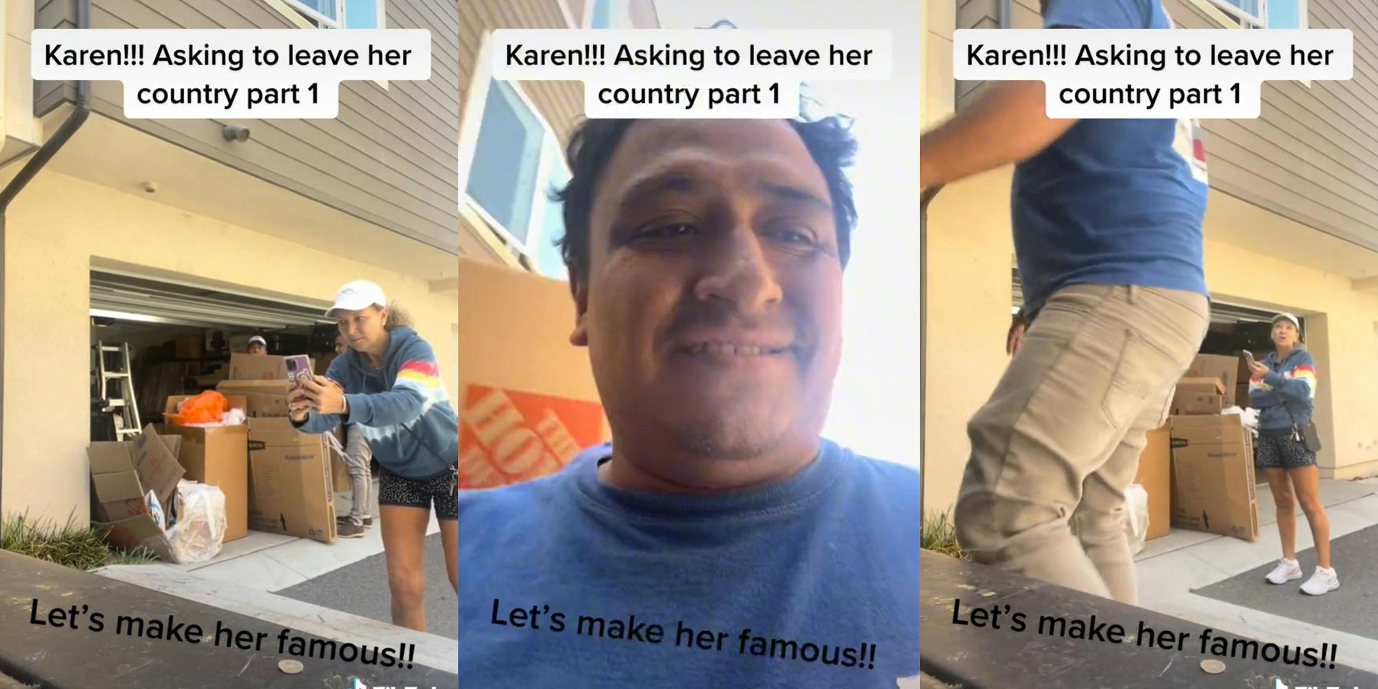 woman taking a picture with cardboard boxes in background (l) man smiling (c) woman standing behind man with phone in hand (r) all with captions "Karen!!! Asking to leave her country part 1" and "Let's make her famous!!"