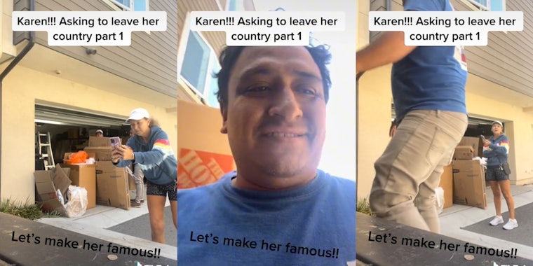 woman taking a picture with cardboard boxes in background (l) man smiling (c) woman standing behind man with phone in hand (r) all with captions 'Karen!!! Asking to leave her country part 1' and 'Let's make her famous!!'