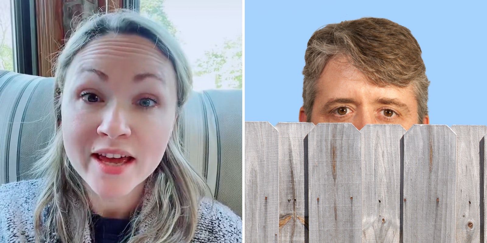woman speaking in house on ouch (l) Man peeking over fence blue background (r)