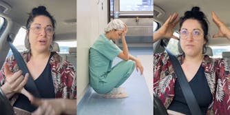 woman in car (l &r) exhausted nurse crouches in hallway (c)