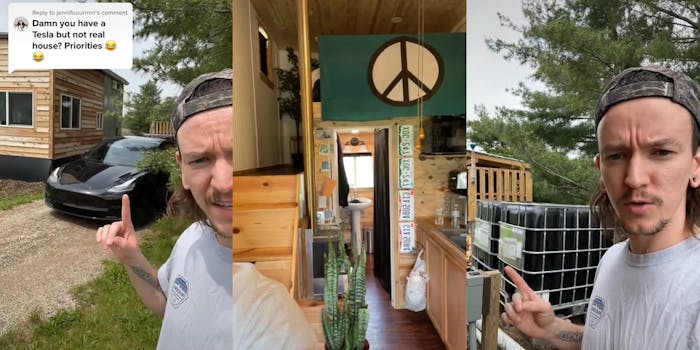 man pointing to tiny home with Tesla parked next to it caption "Damn you have a Tesla but not a real house? Priorities" (l) interior of tiny home bathroom kitchen loft (c) man outside pointing to self sustaining outdoor investment rain water collector (r)