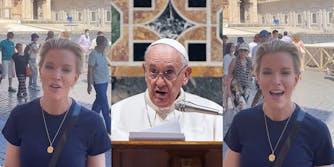 Megyn Kelly reporting in Vatican City speaking near large group of people (l) Pope Francis speaking into microphone (c)Megyn Kelly reporting in Vatican City hand out speaking near large group of people (r)