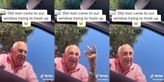 man in pink shirt leaning into car window with caption "old man came to our window trying to hook up"