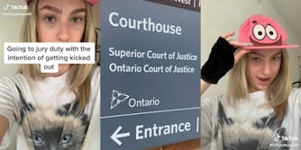young woman with Patrick Star hat, airbrushed cat t-shirt and fingerless gloves (l&r) Courthouse - Superior Court of Justice, Ontario Court of Justice, Ontario, Entrance sign (c) caption "Going to jury duty with the intention of gettting kicked out"