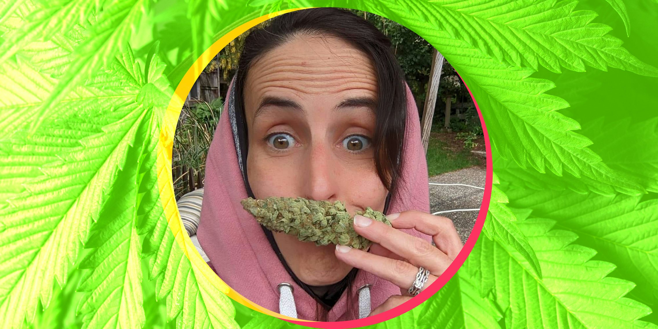 woman in pink hoodie smells large cannabis flower over background of cannabis leaves