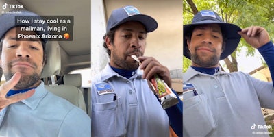Mailman in uniform with caption 'How I stay cool as a mailman, living in Phoenix Arizona'
