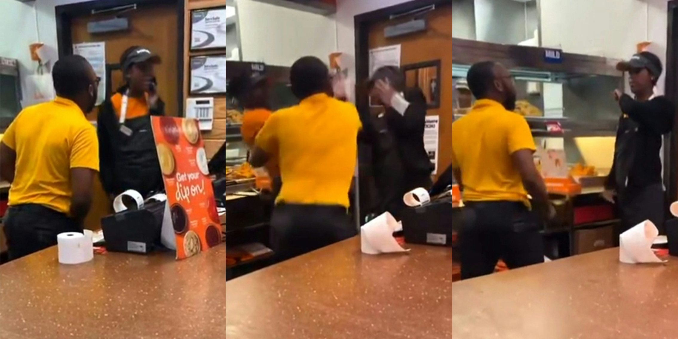 Popeyes employee on phone manager yelling in face (l) Popeyes employee hand up to face other employee bending back manager arm swinging (c) Popeyes manager talking to employee after hit employee hand up (r)