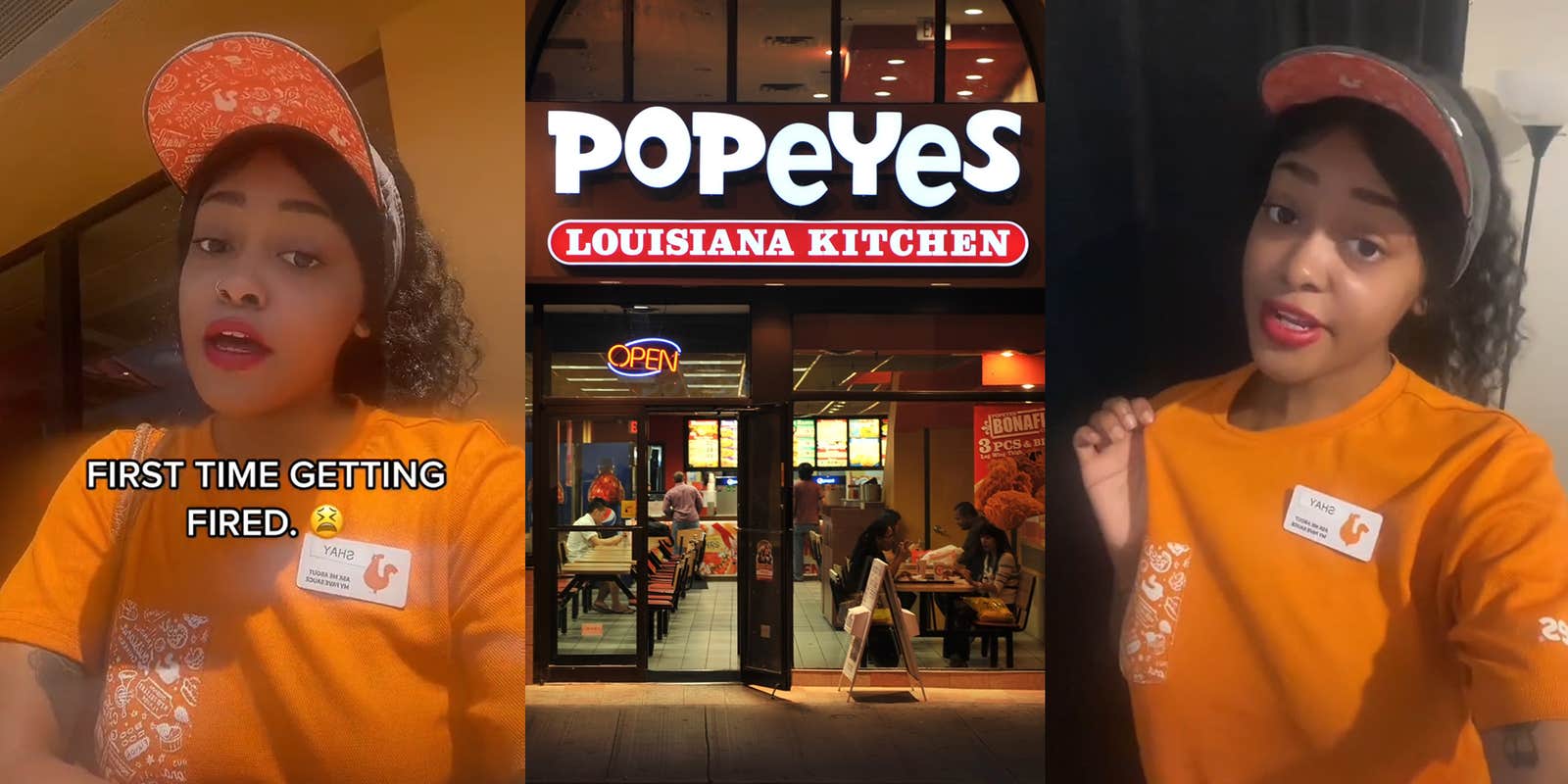 Ex Popeyes employee in uniform speaking caption 'FIRST TIMEGETTING FIRED.' (l) Popeyes Kitchen restaurant outside (c) Ex Popeyes worker in uniform pulling on shirt speaking (r)