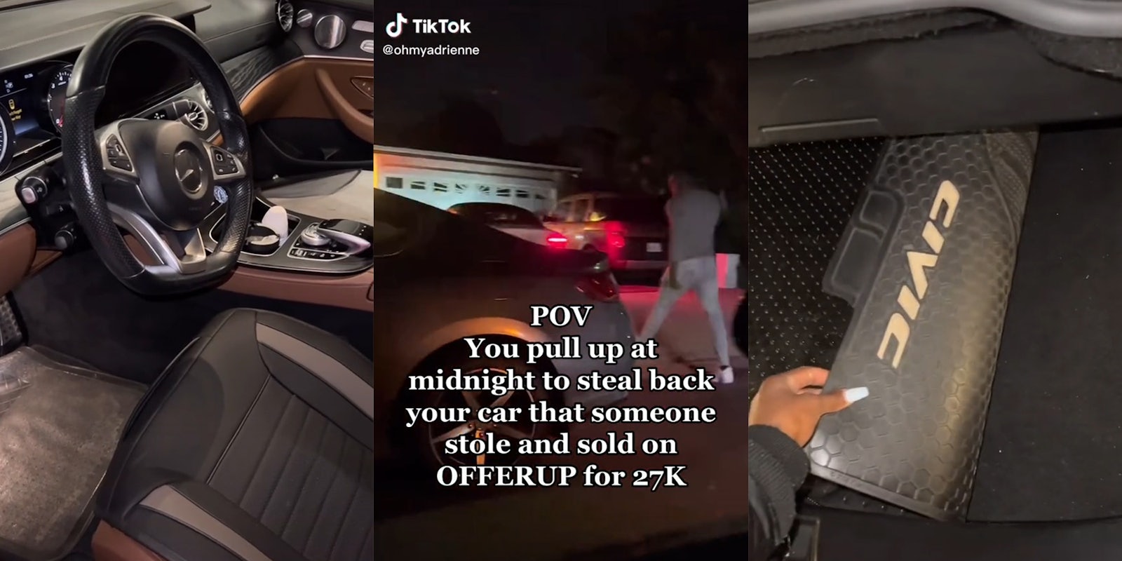 car interior (l) man walking up driveway with caption 'POV You pull up at midnight to steal back your car that someone stole and sold on OFFERUP for 27K' (c) hand revealing 'Civic' logo on floormats in trunk (r)
