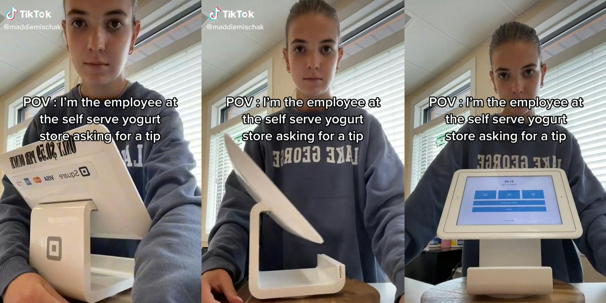 young woman turning card reader device around with tipping screen, caption "POV: I'm the employee at the self serve yogurt store asking for a tip"