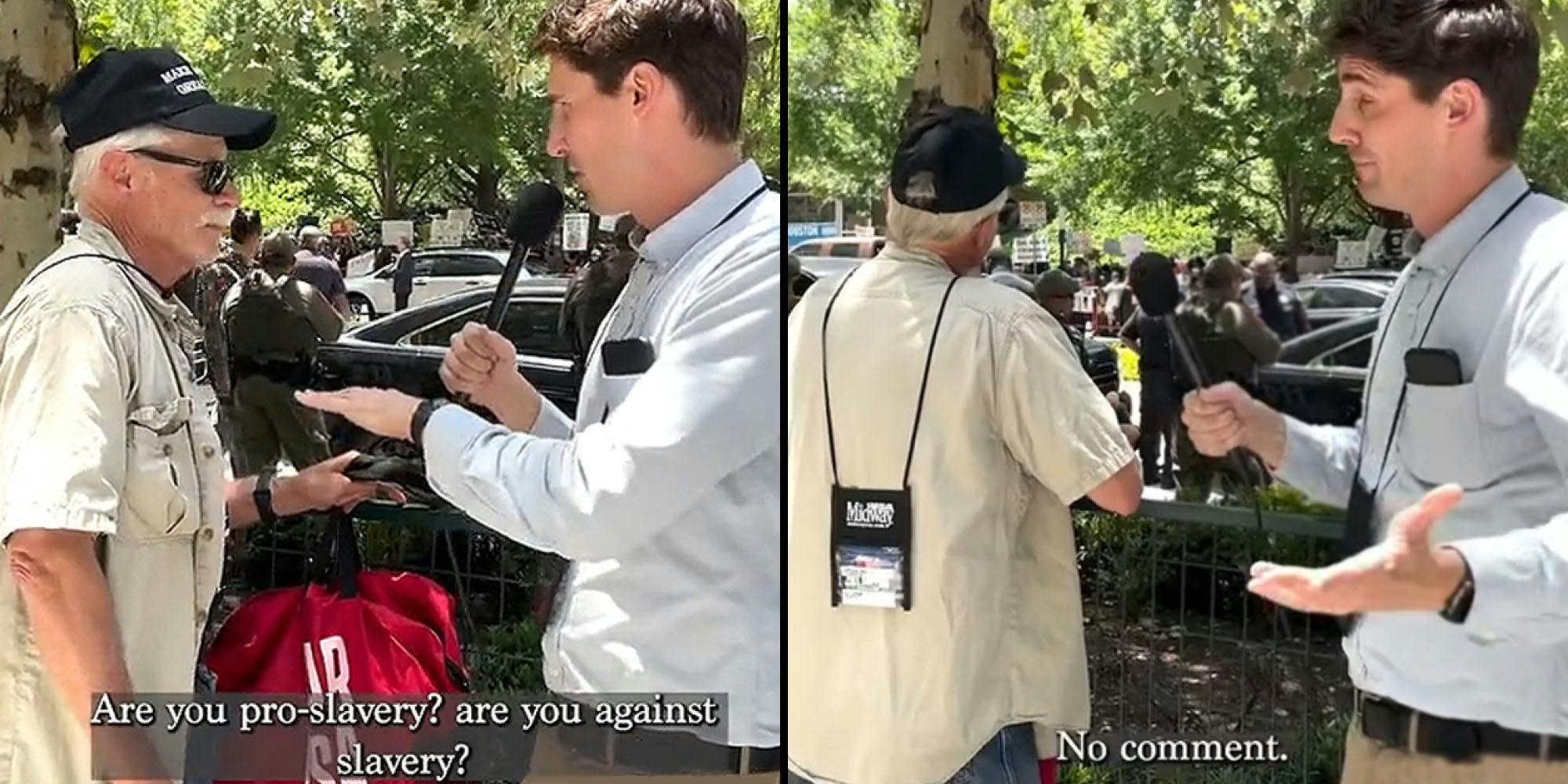 Man holding microphone to man with confederate flag shirt caption "Are you pro-slavery? Are you against slavery?" (l) Man holding microphone to man with confederate flag shirt with back turned caption "No comment."