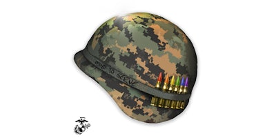 helmet with rainbow-tipped bullets and 'proud to serve' on the strap