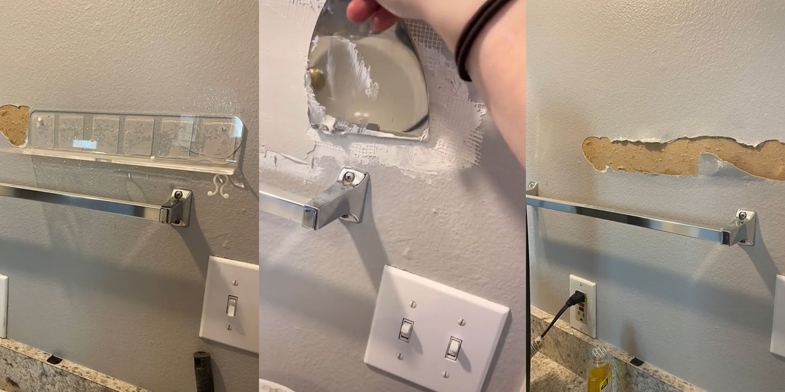 bathroom wall with clear shelf attached (l) Woman fixing wall holding scraper with paste over damage (c) damaged wall after 'renter friendly' wall shelf is removed (r)