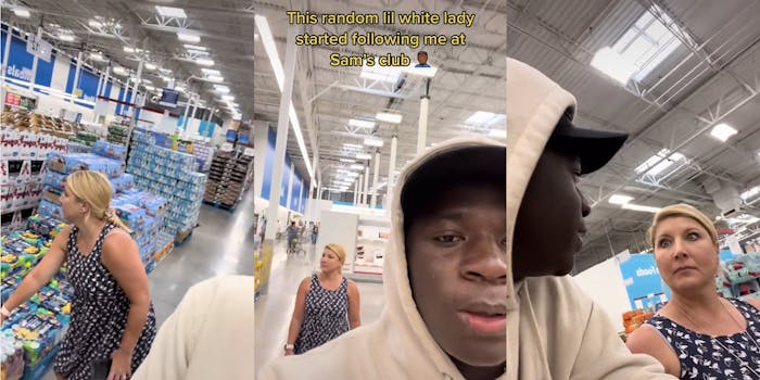 woman crouched at store grabbing drinks (l) woman behind man in store caption "This random lil white lady started following me at Sam's club" (c) Man turned to woman speaking woman making sour face in store (r)